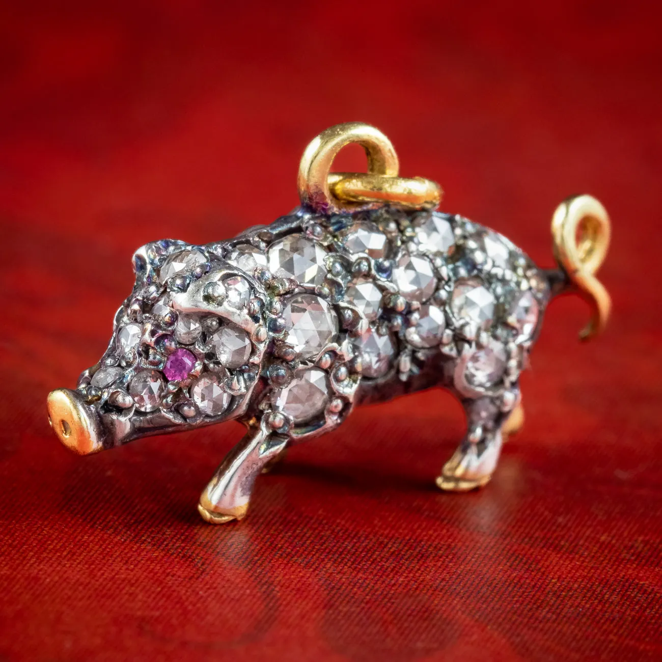 Victorian Style Rose Cut Diamond Pig Pendant Ruby Eyes 1.5ct Total