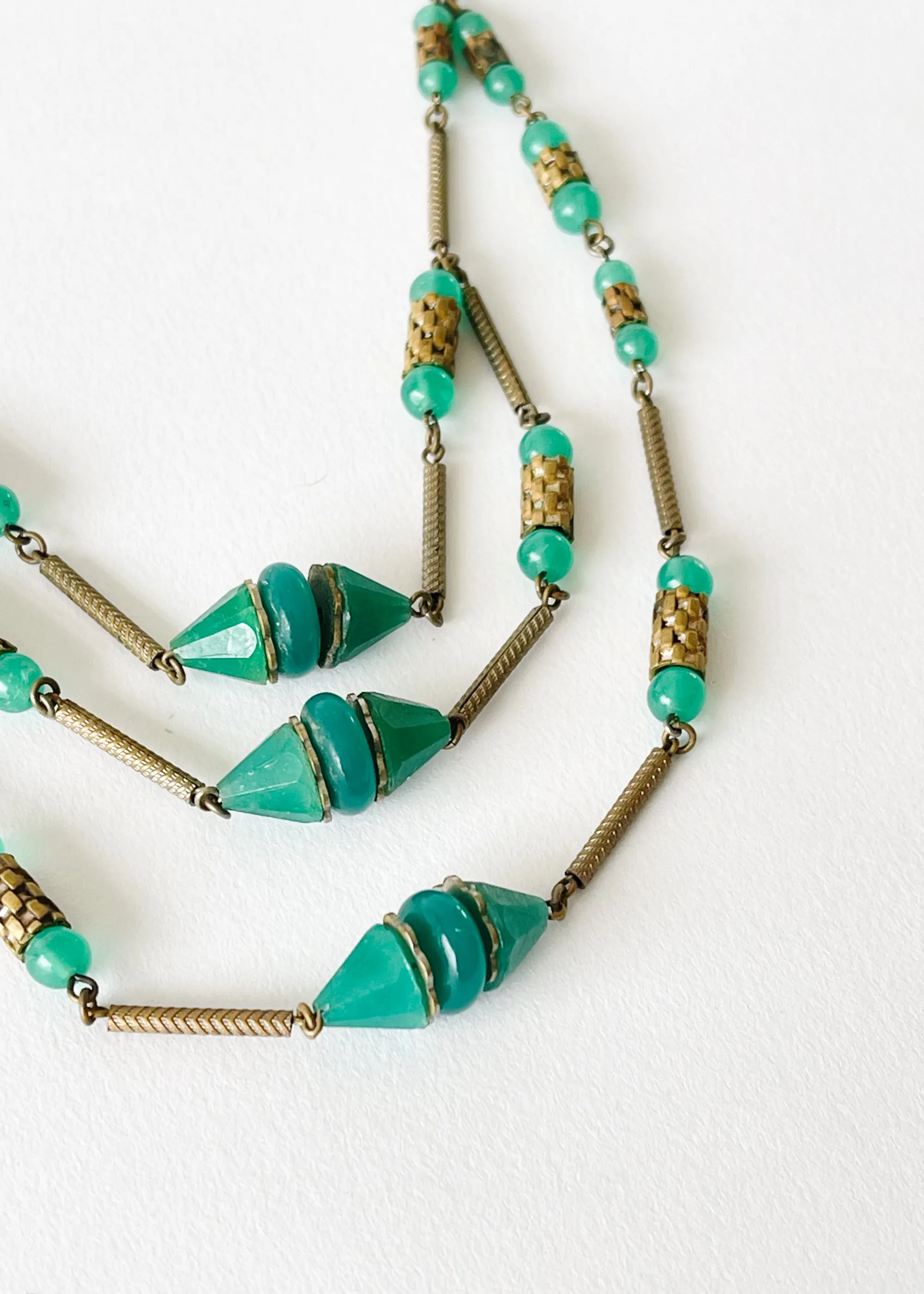 Vintage 1930s Jade Green Glass and Brass Necklace