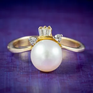 Vintage Pearl Diamond Tiara Ring 14ct Gold