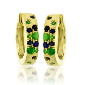 Yellow Gold Satin Finish Flush Set Tsavorite & Blue Sapphire Huggie Earrings