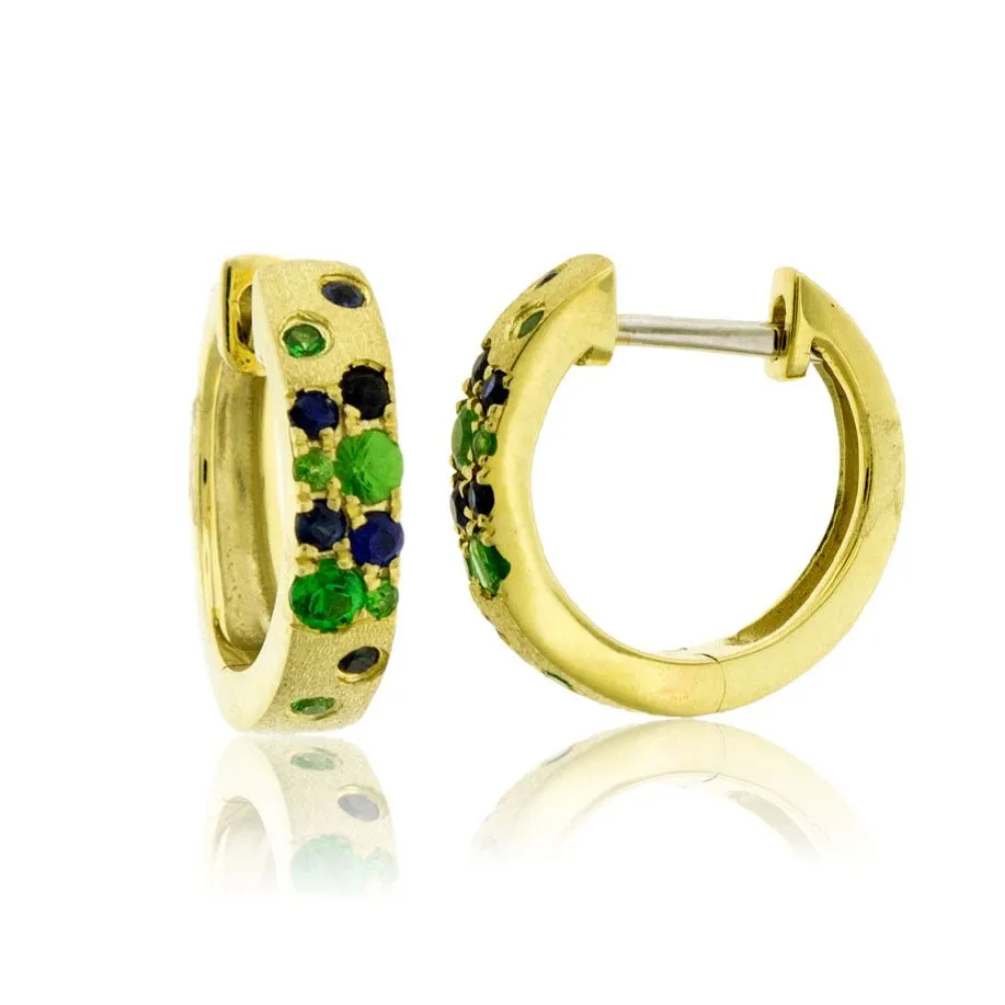 Yellow Gold Satin Finish Flush Set Tsavorite & Blue Sapphire Huggie Earrings