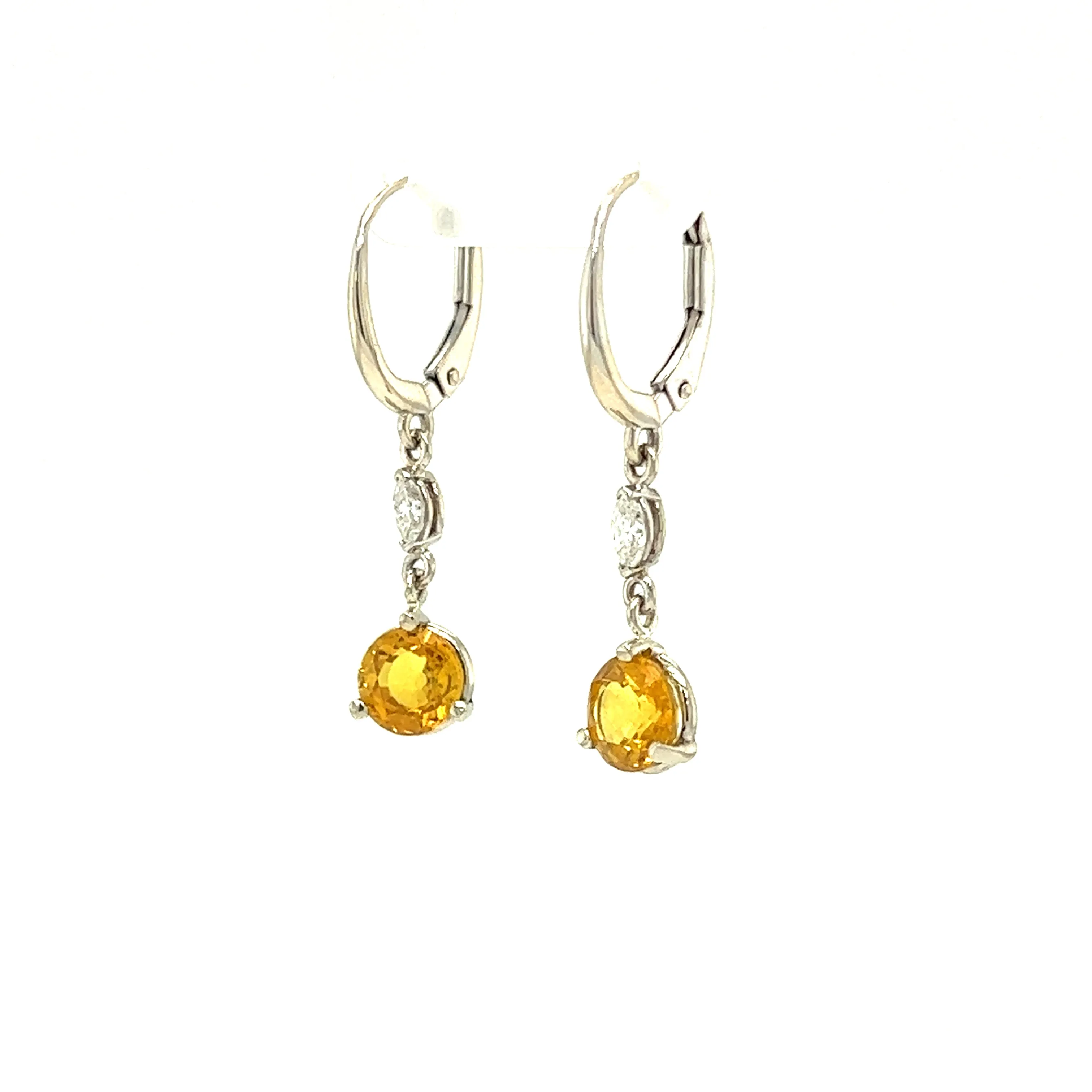 Yellow Sapphire Dangle Earrings with Two Marquise Accent Diamonds in 14K White Gold