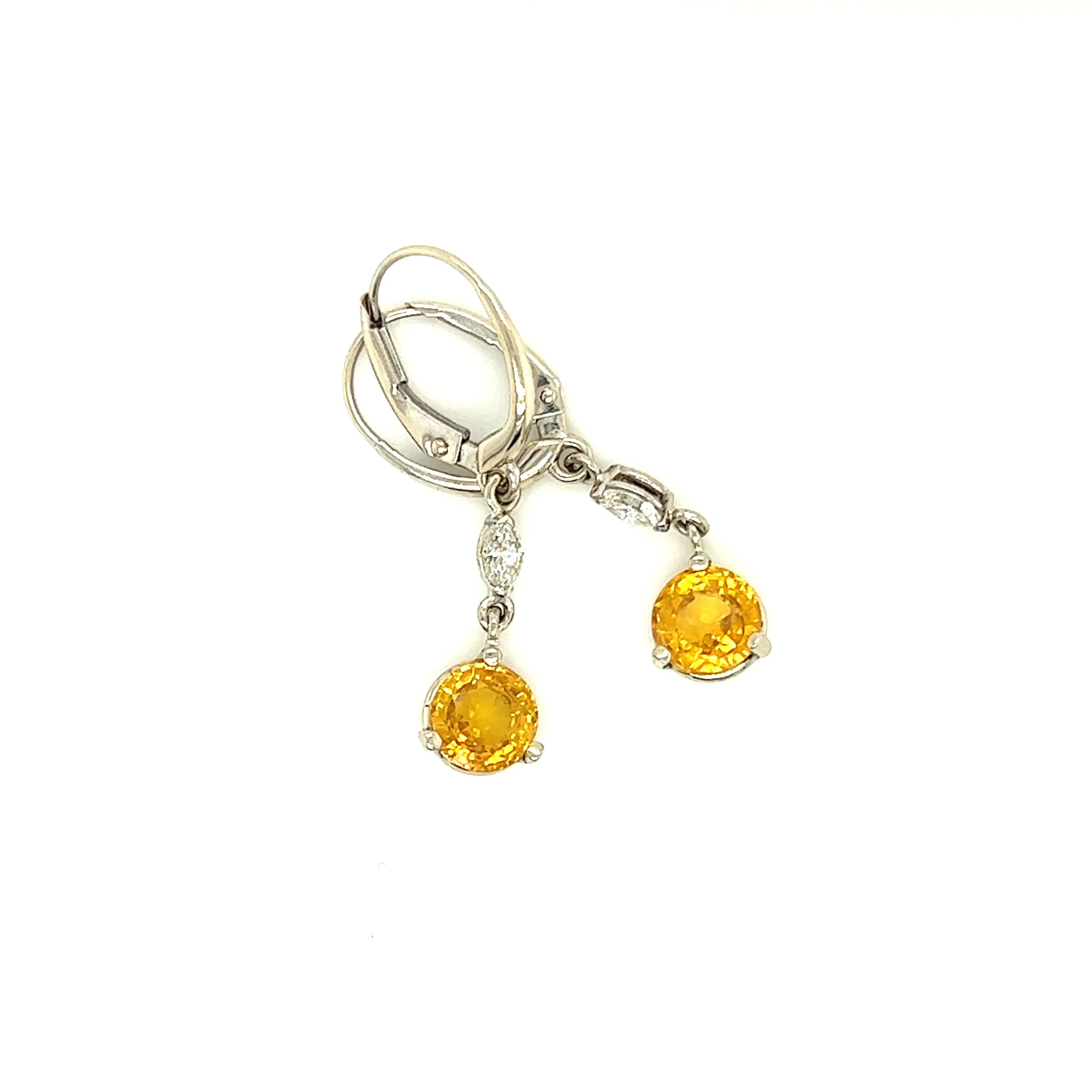 Yellow Sapphire Dangle Earrings with Two Marquise Accent Diamonds in 14K White Gold