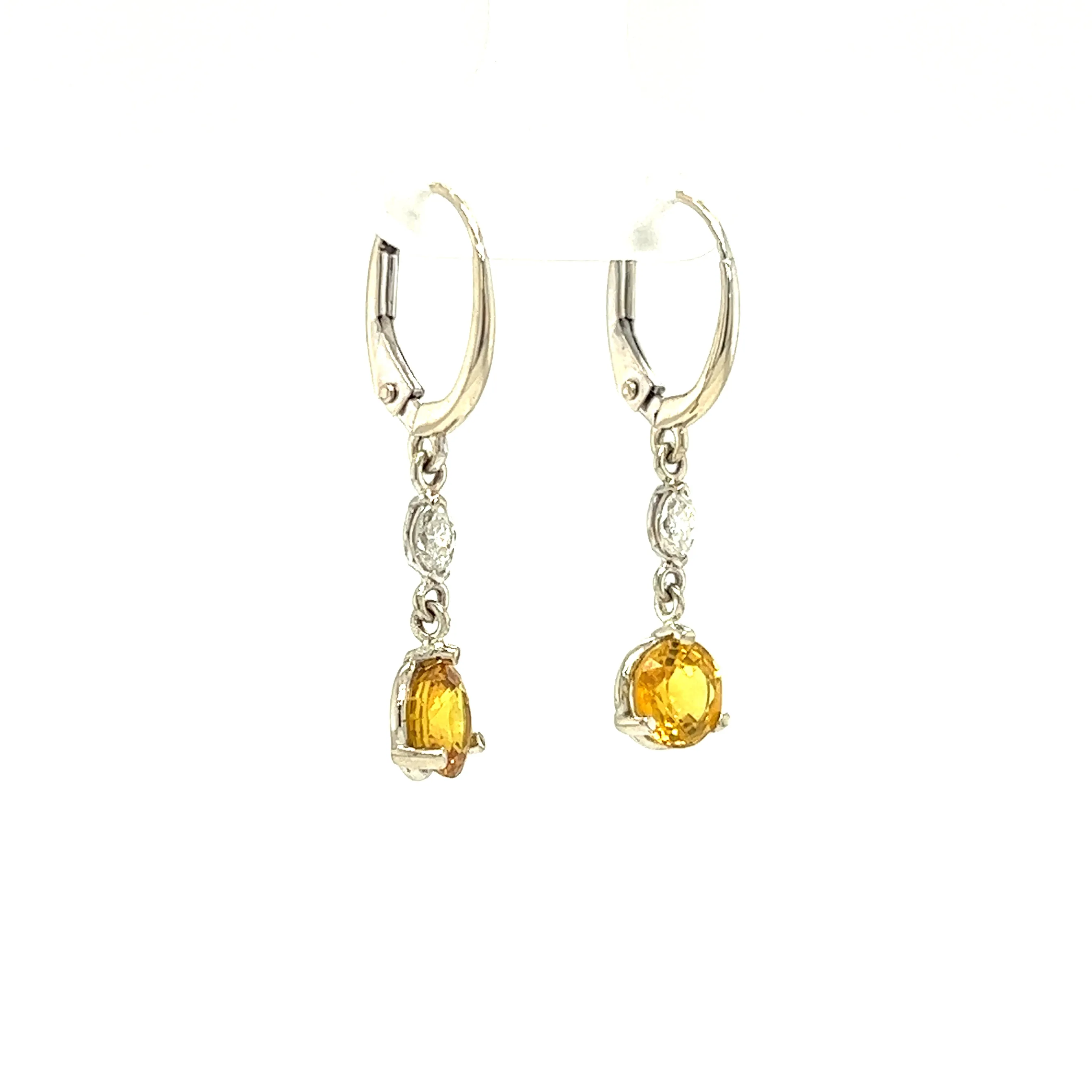 Yellow Sapphire Dangle Earrings with Two Marquise Accent Diamonds in 14K White Gold